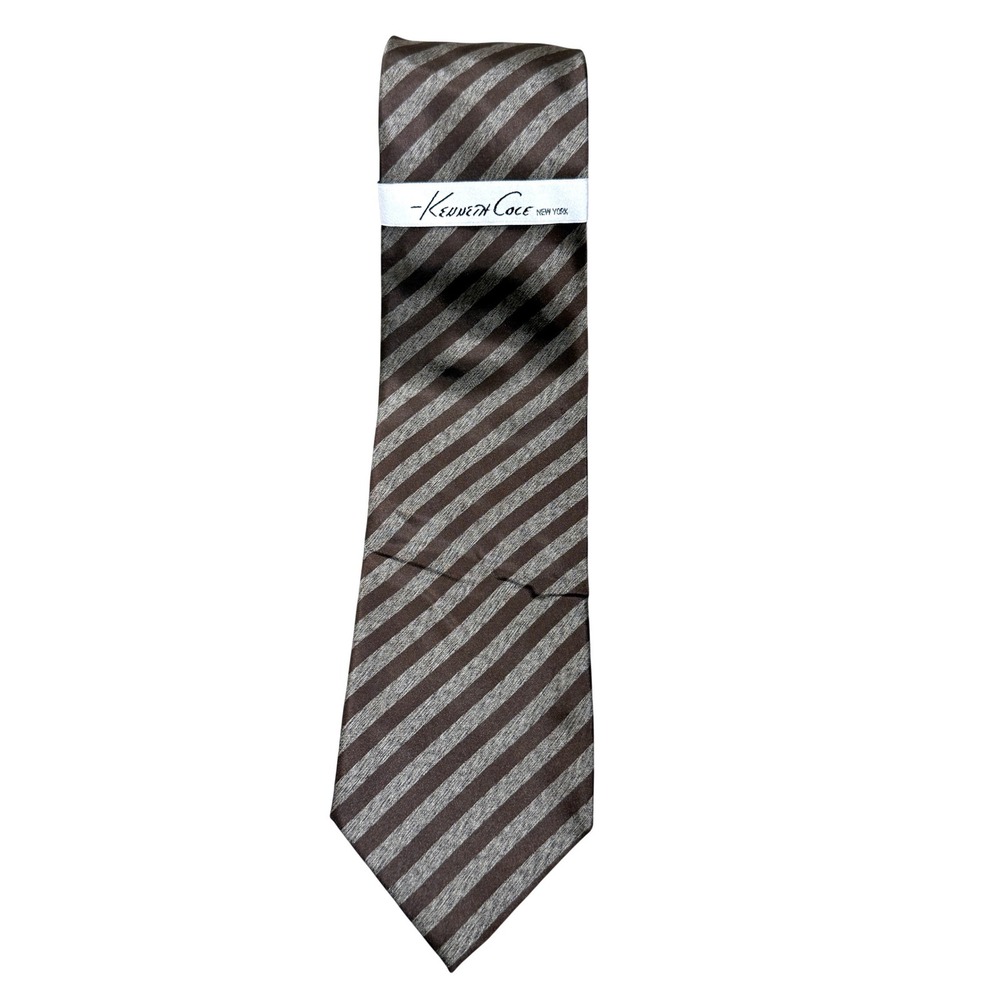 Kenneth Cole 100% Silk Necktie Brown Gold Diagonal Striped Business Dress Tie